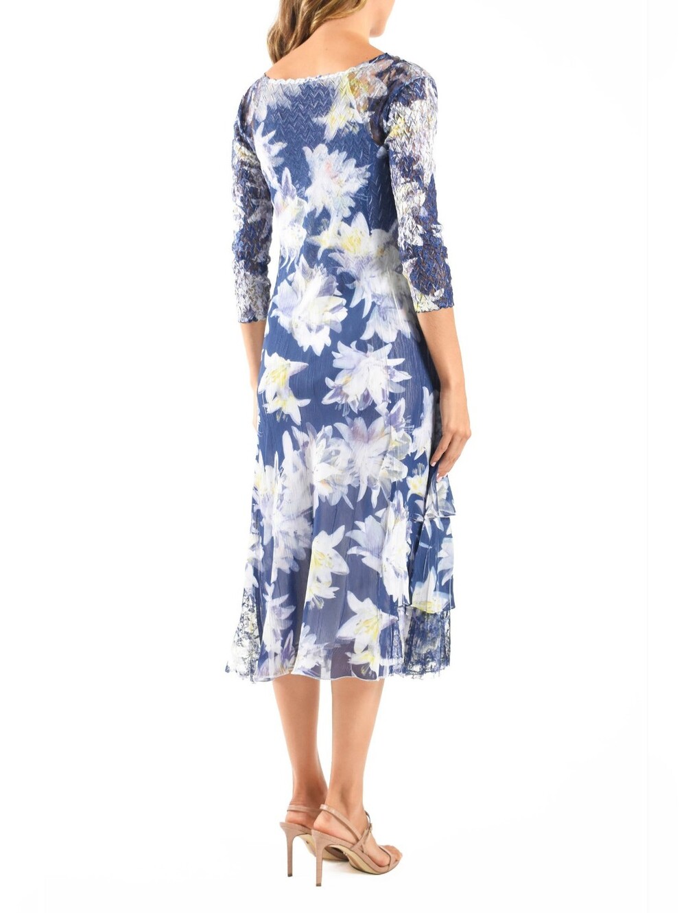 Komarov Lace Sleeve Charmeuse & Chiffon Blue Floral Evening Cocktail Dress PXL - Picture 14 of 14